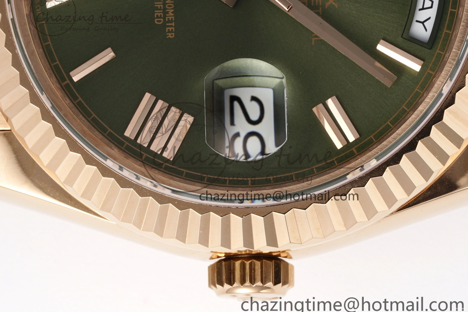 MiroTime 0516 DayDate 40 RG JDF Gain Weight 904L Steel Green Dial Roman Markers on President Bracelet A2836 V Trendsetting 1816